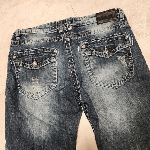 Smoke Rise Mens 38x30 DISTRESSED HipHop Embroidered Skater Jeans Streetwear Wide - Picture 10 of 11